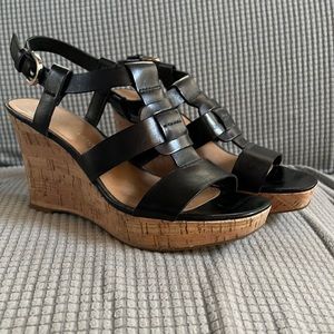 EUC Franco Sarto black wedge sandals, size 7m